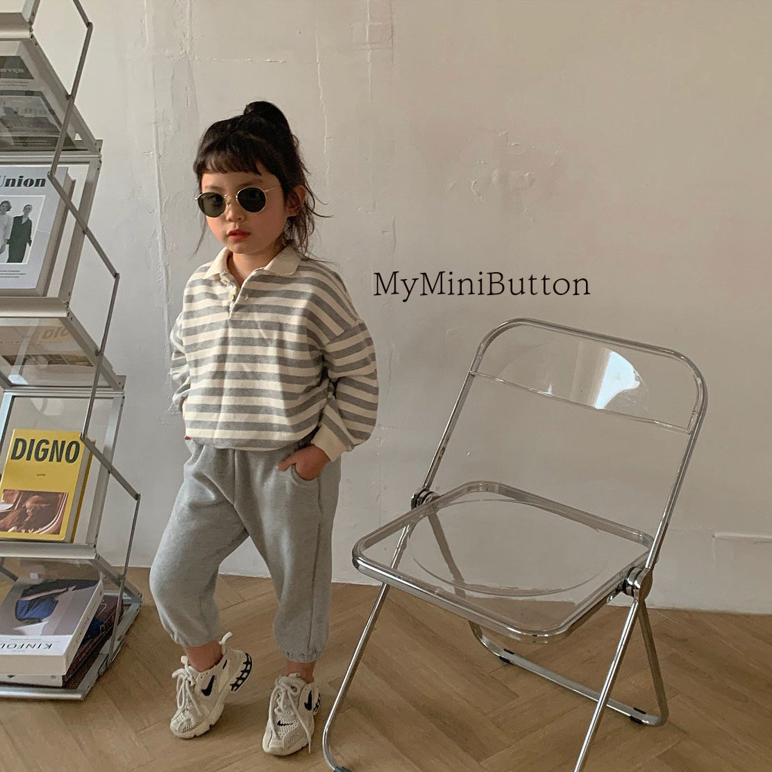 Striped collar top & trouser set