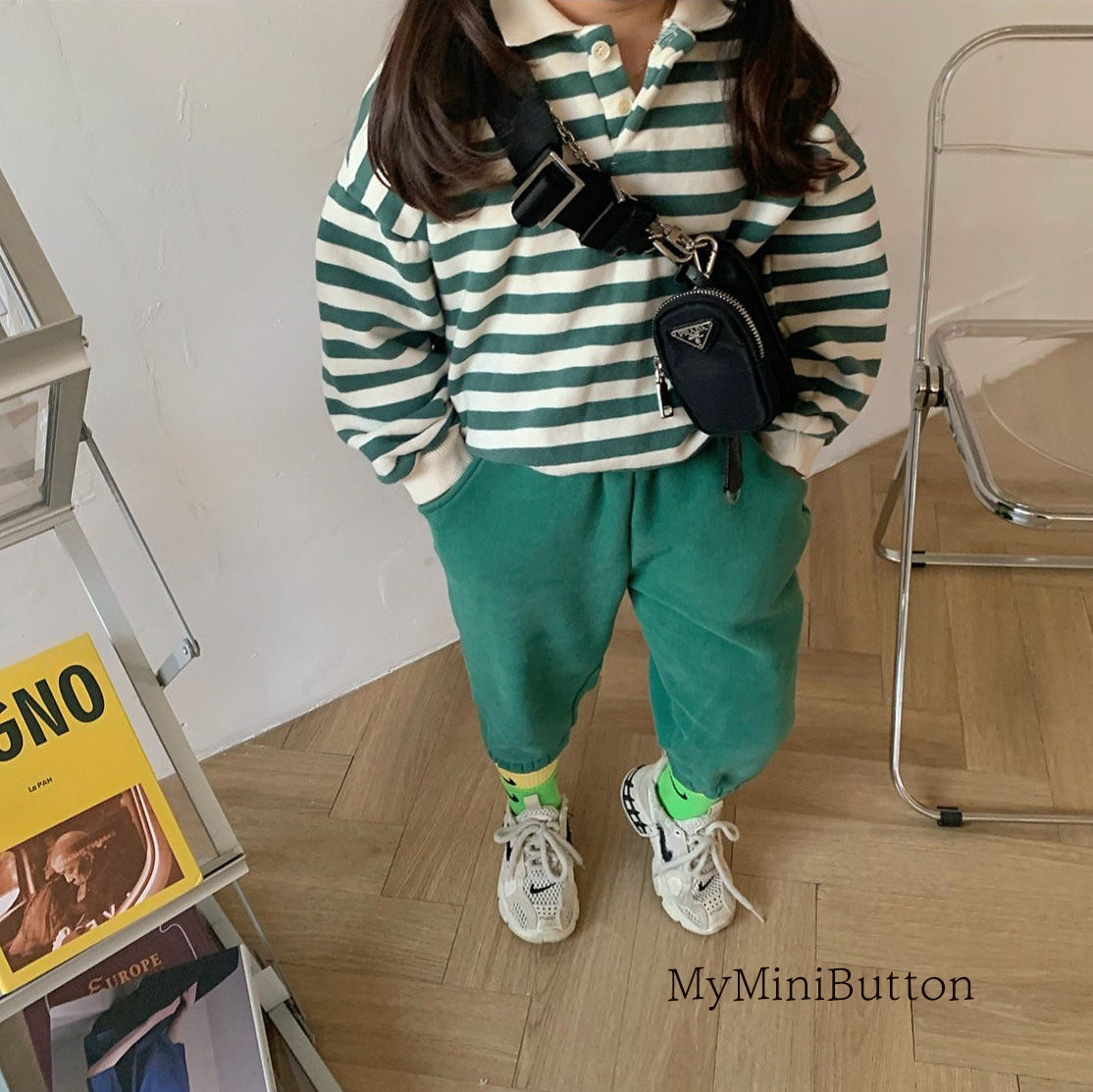 Striped collar top & trouser set